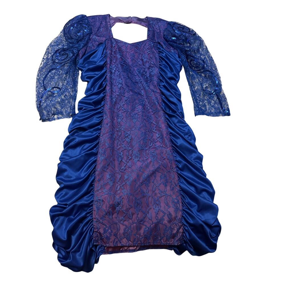 VTG 80s Mayvens of California Blue & Purple Ruched Lace Bodycon Midi Dress Sz 16